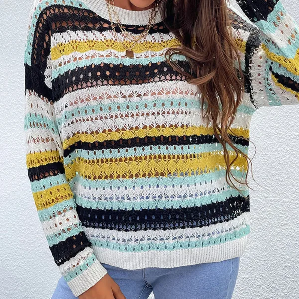 Fashion Fall Winter Street Wear Beach Multi-Colors Stripe Pierced Sweaters 2021 Scoop Neck Long Sleeve Loose Women Tops