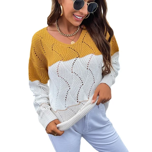 Fashion Yellow Fall Winter Street Wear Pierced Knitting Sweaters 2021 V-Neck Long Sleeve Loose Women Tops