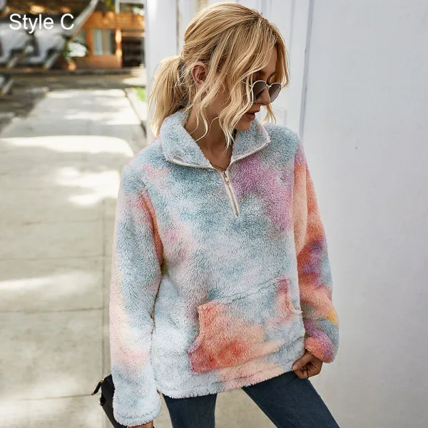 Fashion Winter Fall Street Wear Multi-Colors Tie-dye Suede Coats & Jackets 2021 Lapel  Long Sleeve Loose Women Tops