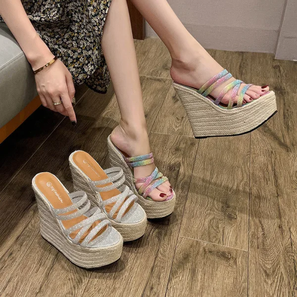 Fashion Multi-Colors Street Wear Braid Womens Sandals 2021 16 cm Platform Wedges Open / Peep Toe Sandals