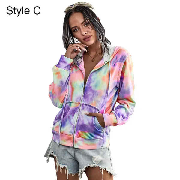 Fashion Fall Winter Street Wear Multi-Colors Tie-dye Sweatshirts 2021 V-Neck Long Sleeve Loose Hooded Women Tops
