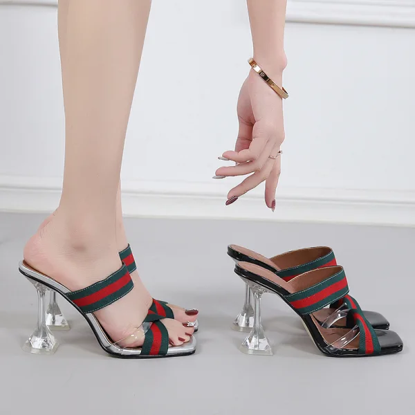 Chic / Beautiful Silver Striped Street Wear Womens Sandals 2021 9 cm Stiletto Heels Open / Peep Toe Sandals High Heels