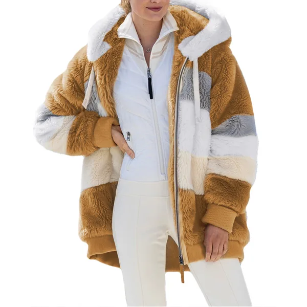 Fashion Fall Winter Street Wear Khaki Patchwork Plush Hooded Coats & Jackets 2021 Long Sleeve Women Tops