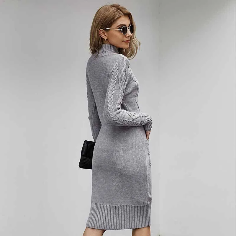 navy blue dress for baby girl Fashion Fall Winter Street Wear Grey Knitting Women Dresses 2021 Tight High Neck Long