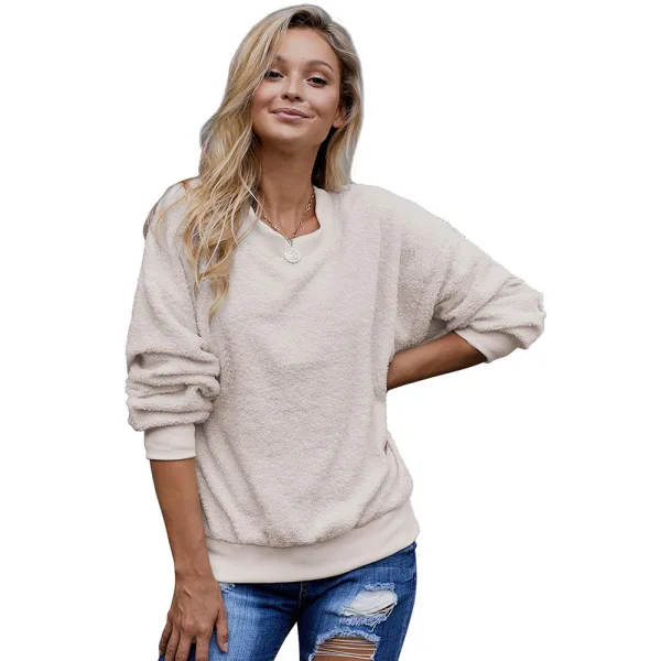 Comfortable Casual Fall Winter Candy Pink Plush Sweatshirts 2021 Scoop Neck Loose Long Sleeve Women Tops