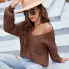 Comfortable Casual Fall Winter Brown Knitting Sweaters 2021 V-Neck Long Sleeve Loose Women Tops
