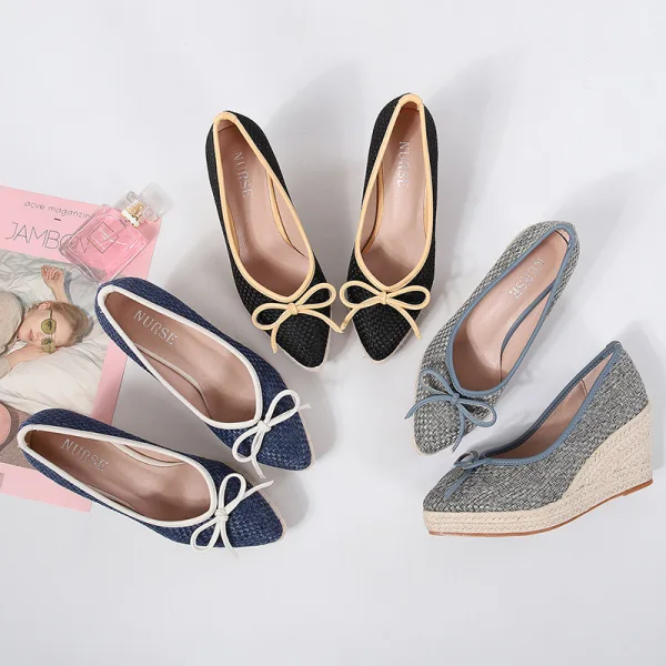 Chic / Beautiful Ocean Blue Street Wear Braid Bow Womens Shoes 2021 7 cm Wedges Platform Pointed Toe Sandals