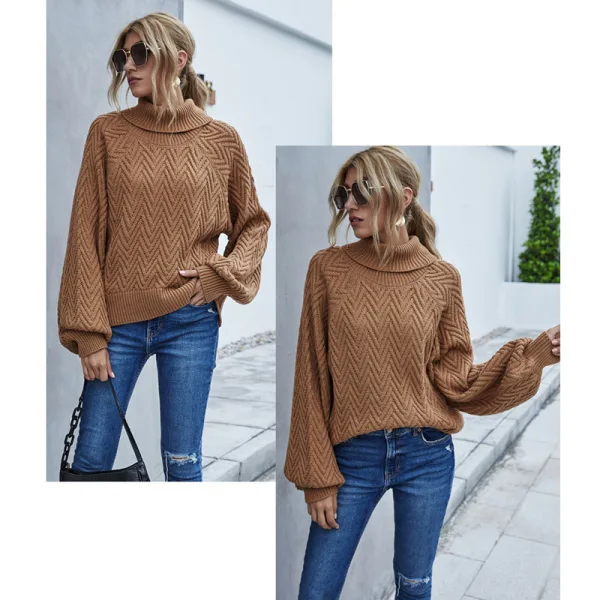Comfortable Brown Fall Casual Winter Knitting Sweaters 2021 High Neck Long Sleeve Loose Women Tops