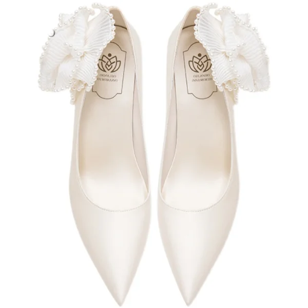 Eleganta Elfenben Pärla Blomma Satin Brudskor 2021 8 cm Stilettklackar Spetsiga Pumps Högklackade