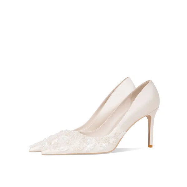 Elegant Ivory Satin Pearl Wedding Pumps High Heels 2021 8 cm Stiletto Heels Pointed Toe Wedding Shoes