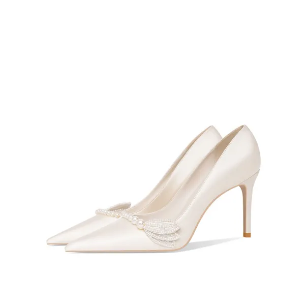 Snygga / Fina Elfenben Pärla Satin Brudskor 2021 8 cm Stilettklackar Spetsiga Bröllop Pumps Högklackade