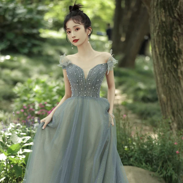 Charming Sage Green Prom Dresses 2021 A-Line / Princess Off-The-Shoulder Beading Sleeveless Backless Floor-Length / Long Formal Dresses