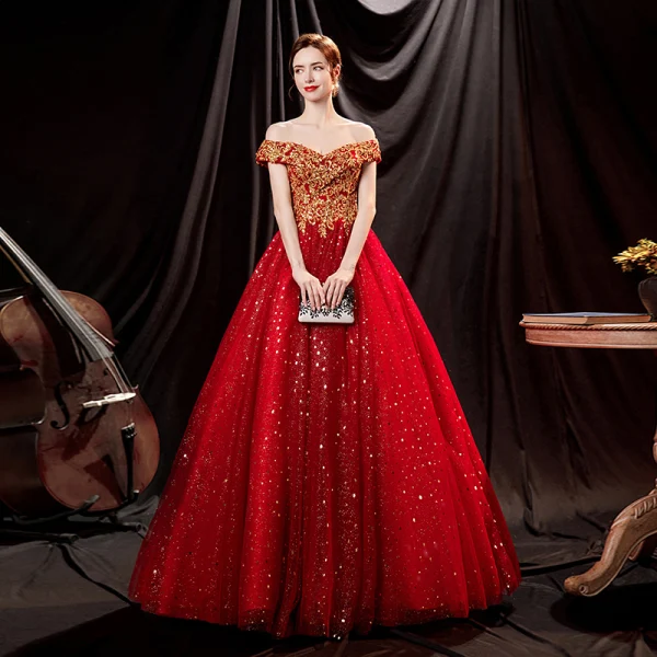 Scintillantes Rouge Glitter Perlage Paillettes Robe De Bal 2021 Princesse De l'épaule Sans Manches Dos Nu Longue Robe De Ceremonie