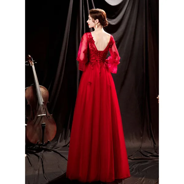 Chic / Belle Rouge En Dentelle Fleur Robe De Bal 2021 Princesse V-Cou Manches de cloche Dos Nu Longue Robe De Ceremonie