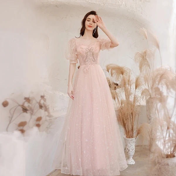 Charming Beading Sequins Pearl Pink Prom Dresses 2021 A-Line / Princess Square Neckline Lace Short Sleeve Floor-Length / Long Formal Dresses