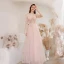 Charming Beading Sequins Pearl Pink Prom Dresses 2021 A-Line / Princess Square Neckline Lace Short Sleeve Floor-Length / Long Formal Dresses