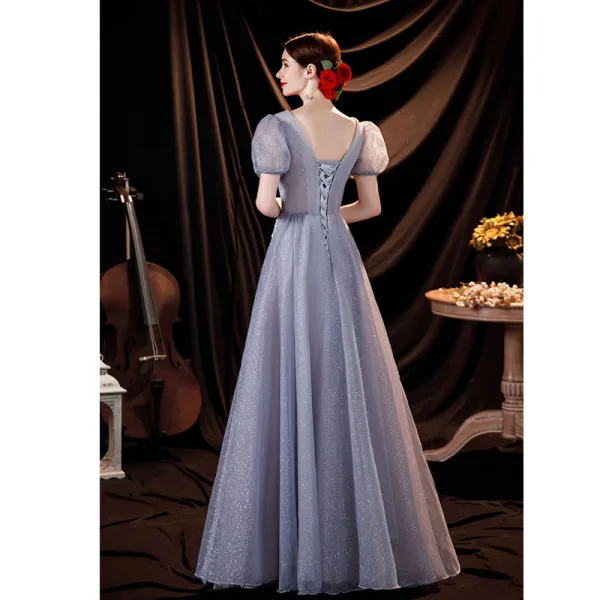 Bling Bling Gris Glitter Perlage Paillettes Appliques Robe De Bal 2021 Princesse V-Cou Gonflée Manches Courtes Dos Nu Longue Robe De Ceremonie