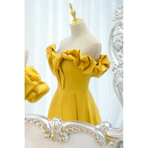 Fashion Yellow Prom Dresses 2021 A-Line Princess Ruffle Off-The-Shoulder Sleeveless Long