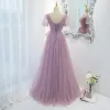 Chic / Beautiful Lilac Ruffle Spotted Prom Dresses 2021 A-Line / Princess Square Neckline Bow Short Sleeve Floor-Length / Long Formal Dresses