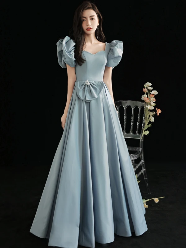 Vintage / Originale Bleu Ciel Robe De Bal 2021 Princesse Encolure Carrée Perle Gonflée Manches Courtes Dos Nu Longue Robe De Ceremonie