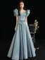 Vintage / Originale Bleu Ciel Robe De Bal 2021 Princesse Encolure Carrée Perle Gonflée Manches Courtes Dos Nu Longue Robe De Ceremonie