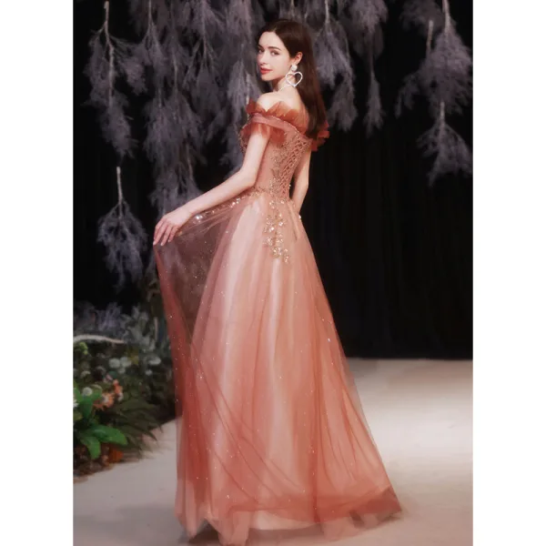 Charmant Watermelon Rouge Robe De Bal 2021 Princesse De l'épaule Perlage Paillettes Manches Courtes Dos Nu Longue Robe De Ceremonie