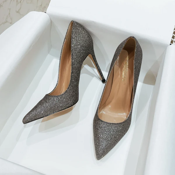 Sparkly Silver Evening Party Sequins Pumps 2021 Leather 10 cm Stiletto Heels Pointed Toe Pumps High Heels