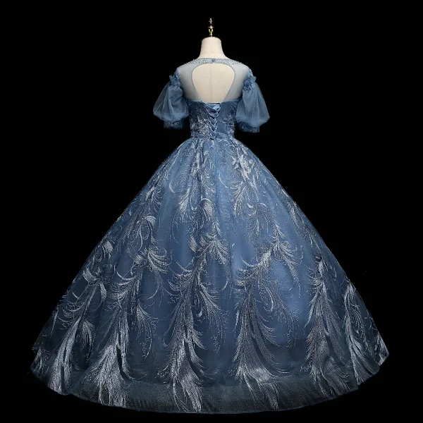 Chic / Belle Bleu Perlage En Dentelle Paillettes Robe De Bal 2021 Robe Boule Encolure Dégagée Manches Courtes Dos Nu Longue Robe De Ceremonie