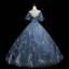 Chic / Belle Bleu Perlage En Dentelle Paillettes Robe De Bal 2021 Robe Boule Encolure Dégagée Manches Courtes Dos Nu Longue Robe De Ceremonie