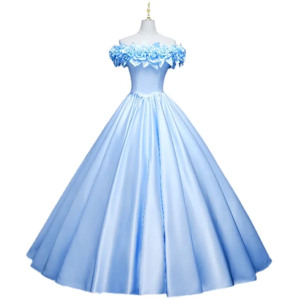 Elegant Sky Blue Flower Prom Dresses 2021 Ball Gown Satin Off-The-Shoulder Sleeveless Backless Floor-Length / Long Formal Dresses