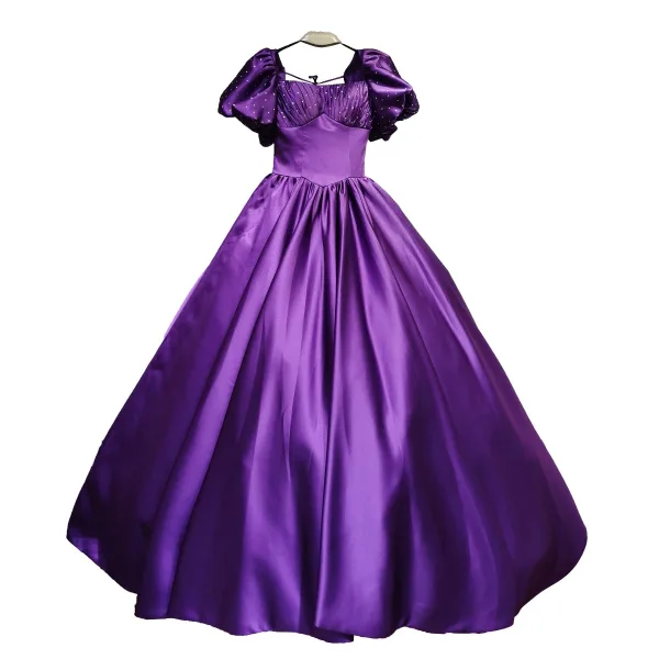 Vintage / Retro Ball Gown Green Satin Prom Dresses 2021 Square Neckline Short Sleeve Backless Floor-Length / Long Formal Dresses