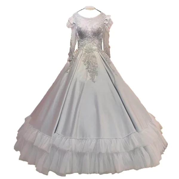Vintage / Retro Dark Green Satin Prom Dresses 2021 Ball Gown Scoop Neck Beading Sequins Lace Flower Long Sleeve Backless Floor-Length / Long Formal Dresses
