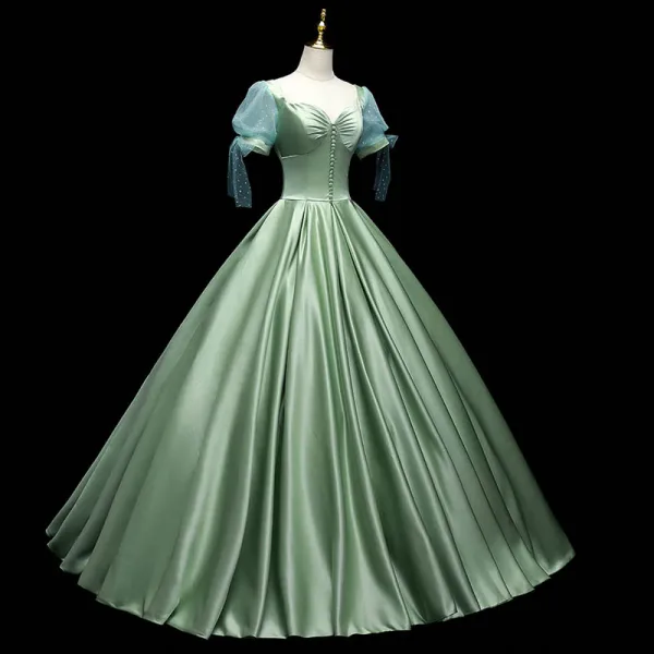 Chic / Beautiful Sage Green Satin Prom Dresses 2021 Ball Gown Square Neckline Short Sleeve Backless Floor-Length / Long Formal Dresses
