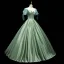 Chic / Beautiful Sage Green Satin Prom Dresses 2021 Ball Gown Square Neckline Short Sleeve Backless Floor-Length / Long Formal Dresses