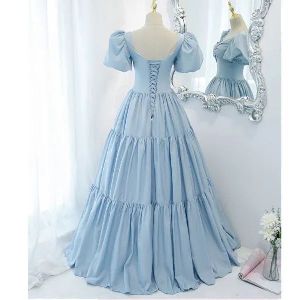 Chic / Beautiful Sky Blue Prom Dresses 2021 A-Line / Princess Square Neckline Short Sleeve Backless Floor-Length / Long Formal Dresses