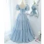 Chic / Beautiful Sky Blue Prom Dresses 2021 A-Line / Princess Square Neckline Short Sleeve Backless Floor-Length / Long Formal Dresses