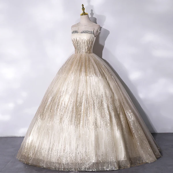 Sparkly Champagne Beading Sequins Prom Dresses Prom Dresses 2021 Ball Gown Scoop Neck Sleeveless Backless Floor-Length / Long Formal Dresses