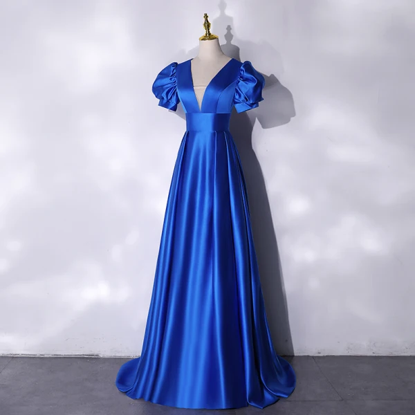 Vintage / Retro Royal Blue Satin Prom Dresses 2021 A-Line / Princess V-Neck Puffy Short Sleeve Backless Floor-Length / Long Formal Dresses