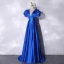 Vintage / Retro Royal Blue Satin Prom Dresses 2021 A-Line / Princess V-Neck Puffy Short Sleeve Backless Floor-Length / Long Formal Dresses