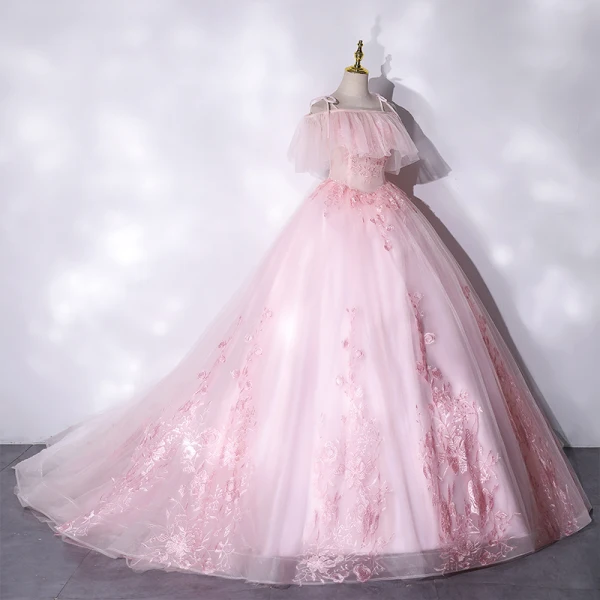 Flotte Lyserød Gallakjoler 2021 Prinsesse Spaghetti Straps Beading Med Blonder Blomsten Kort Ærme Halterneck Lange Kjoler