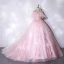 Flotte Lyserød Gallakjoler 2021 Prinsesse Spaghetti Straps Beading Med Blonder Blomsten Kort Ærme Halterneck Lange Kjoler