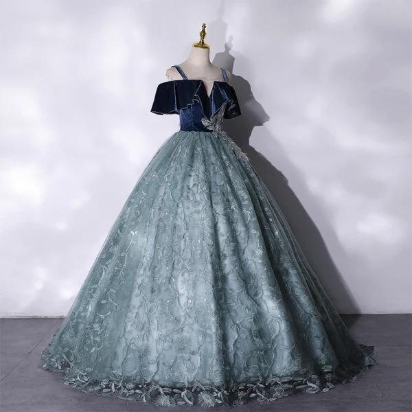 Elegant Navy Blue Prom Dresses 2021 Ball Gown Suede Spaghetti Straps Beading Lace Flower Short Sleeve Backless Floor-Length / Long Formal Dresses