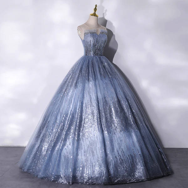 Charmant Scintillantes Océan Bleu Perlage Paillettes Robe De Bal 2021 Robe Boule Encolure Dégagée Sans Manches Dos Nu Longue Robe De Ceremonie