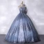 Charmant Scintillantes Océan Bleu Perlage Paillettes Robe De Bal 2021 Robe Boule Encolure Dégagée Sans Manches Dos Nu Longue Robe De Ceremonie