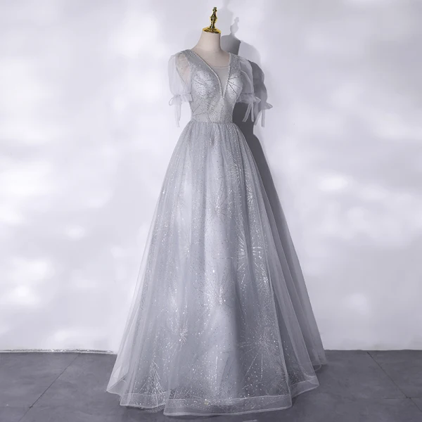Chic / Belle Argenté Glitter Paillettes Robe De Bal 2021 Princesse V-Cou Manches Courtes Dos Nu Longue Robe De Ceremonie