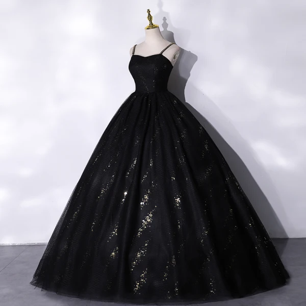 Chic / Belle Noire Perlage Paillettes Robe De Bal 2021 Robe Boule Bretelles Spaghetti Sans Manches Dos Nu Longue Robe De Ceremonie