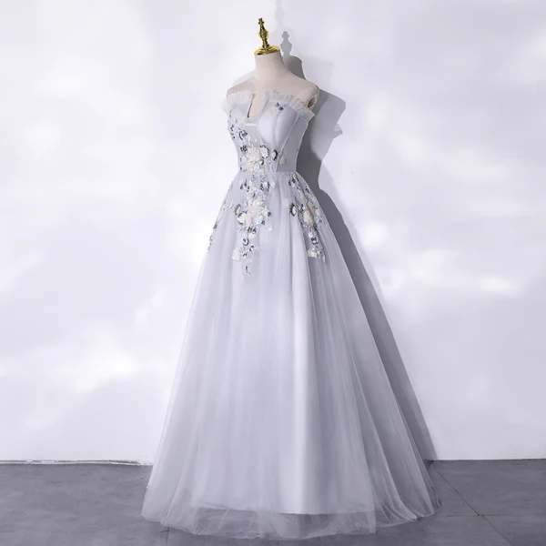 Élégant Argenté Paillettes En Dentelle Fleur Robe De Bal 2021 Princesse Volants Bustier Sans Manches Dos Nu Longue Robe De Ceremonie