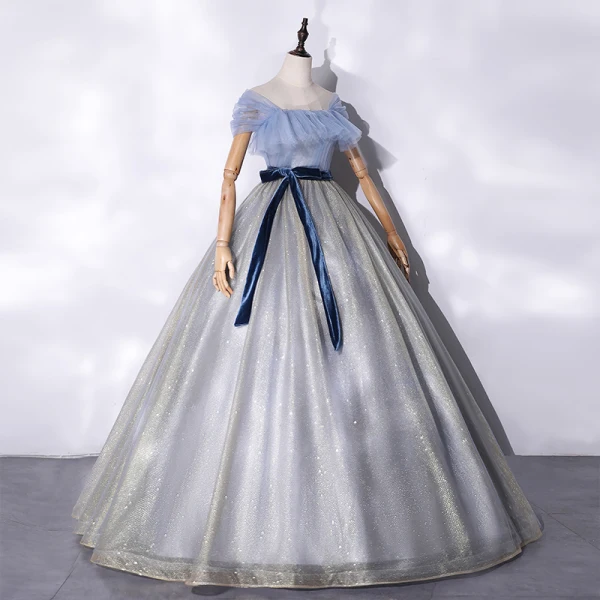 Fashion Silver Prom Dresses 2021 Ball Gown Ruffle Square Neckline Short Sleeve Backless Suede Bow Sash Sequins Floor-Length / Long Formal Dresses