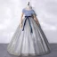 Fashion Silver Prom Dresses 2021 Ball Gown Ruffle Square Neckline Short Sleeve Backless Suede Bow Sash Sequins Floor-Length / Long Formal Dresses