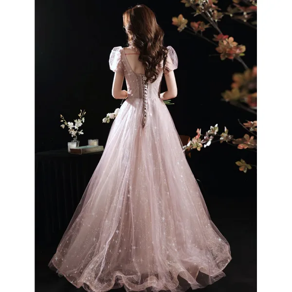 Charmant Rose Sombre Robe De Bal 2021 Princesse Perlage Perle Paillettes Encolure Carrée Gonflée Manches Courtes Dos Nu Longue Robe De Ceremonie